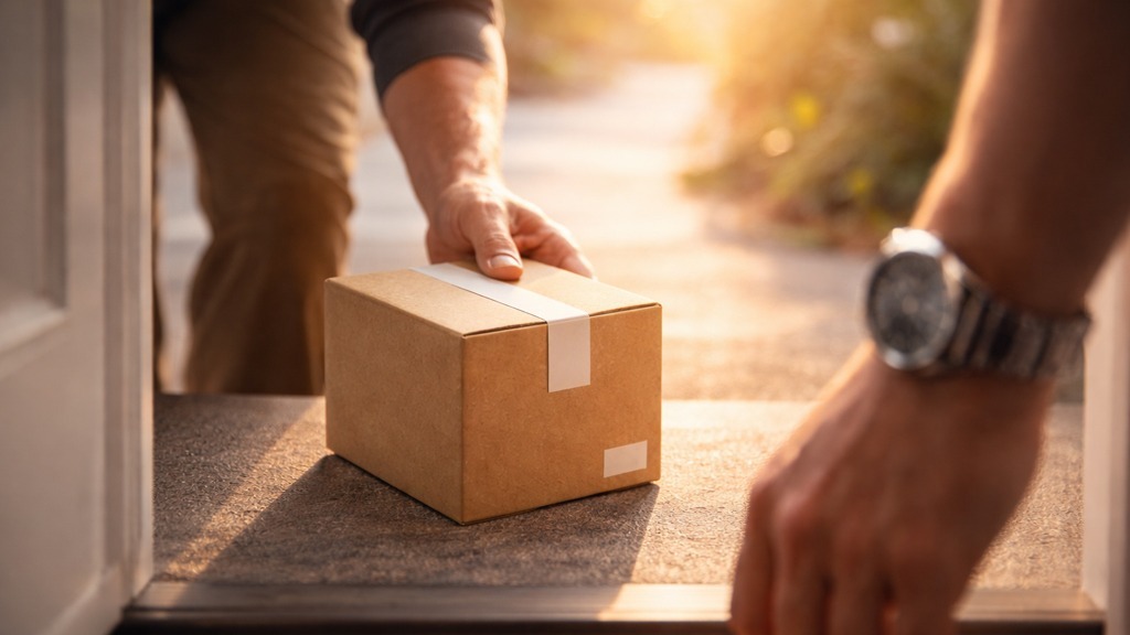 Delivery hand places a small cardboard package at a doorway while the homeowner’s wristwatch is visible in warm golden-hour light