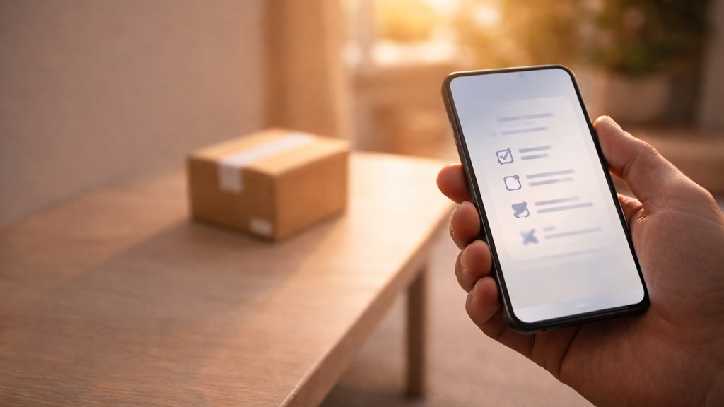 Hand holding a smartphone with a blurred package-tracking screen, with a small cardboard parcel on a table in warm golden-hour light