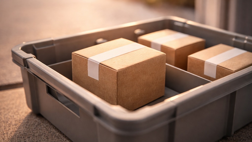 Three small cardboard parcels neatly organized in an unbranded delivery tray, with the front box in focus in warm golden-hour light